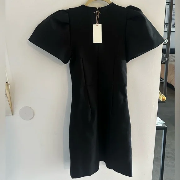 Black Mini Sheath Dress with Puff Cap Sleeves and Gray Bows - Picture 2 of 5